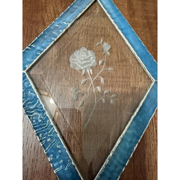 Diamond Shaped Stained Glass Hand Made Window Hanging Blue Etched Rose 11.5x7.5” - Picture 5 of 11